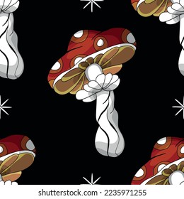 Seamless pattern in the shape of a mushroom. Different fly agarics. A pattern of fly agarics. A set of ingredients for a witch's potion. Cartoon style. Design for textiles.