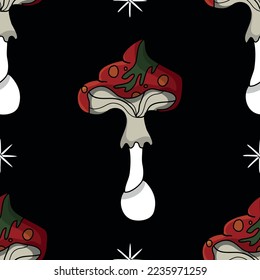 Seamless pattern in the shape of a mushroom. Different fly agarics. A pattern of fly agarics. A set of ingredients for a witch's potion. Cartoon style. Design for textiles.