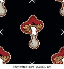 Seamless pattern in the shape of a mushroom. Different fly agarics. A pattern of fly agarics. A set of ingredients for a witch's potion. Cartoon style. Design for textiles.