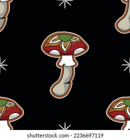 Seamless pattern in the shape of a mushroom. Different fly agarics. A pattern of fly agarics. A set of ingredients for a witch's potion. Cartoon style. Design for textiles.