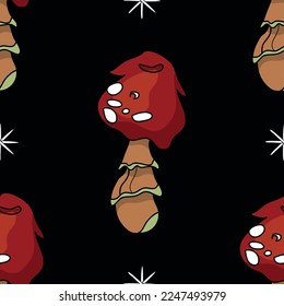 Seamless pattern in the shape of a mushroom. Different fly agarics. A pattern of fly agarics. A set of ingredients for a witch's potion. Cartoon style. Design for textiles.