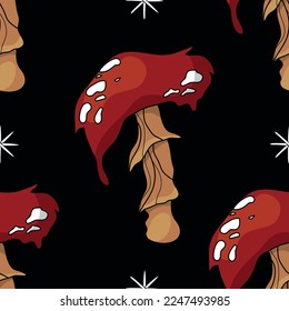 Seamless pattern in the shape of a mushroom. Different fly agarics. A pattern of fly agarics. A set of ingredients for a witch's potion. Cartoon style. Design for textiles.