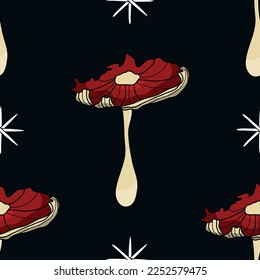 Seamless pattern in the shape of a mushroom. Different fly agarics. A pattern of fly agarics. A set of ingredients for a witch's potion. Cartoon style. Design for textiles.