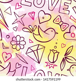 Seamless pattern with shapes of bird, stars, flowers, diamonds, bows, hearts. Love summer wallpaper. Watercolor pink and yellow background