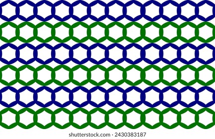 seamless pattern with shapes, blue and green net, ring hexagon block on white background, design for fabric print or t-shirt paint screening, row horizontal line 