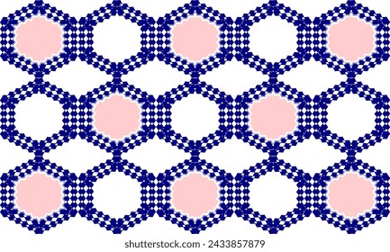 seamless pattern with shapes, blue net, ring hexagon block with pink dot on white background, design for fabric print or t-shirt paint screening