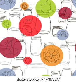 Seamless pattern. Shapes of empty mason jars and silhouettes of cherry, blueberry, apple, orange and strawberry in circles. Vector hand drawn sketch for wrapping paper, wallpaper, kitchen decor.