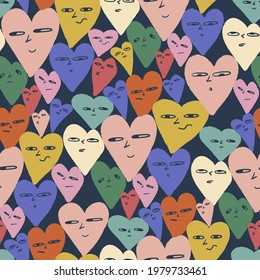 seamless pattern - shapes of hearts with different faces and emotions.Funky groove hippie pattern.60s psychedelic trending ornament for bags, paper, social media, clothing.bizarre valentines day back