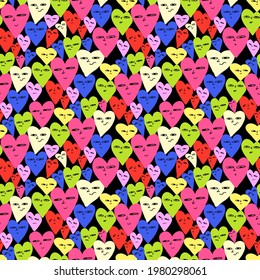 seamless pattern - shapes of hearts with different faces and emotions.Funky groove hippie pattern.60s psychedelic trending ornament for bags, paper, social media, clothing.Nostalgia lo fi neon card