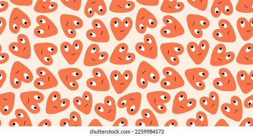 Seamless pattern with shapes of hearts with faces randomly located. Funky groove hippie pattern. Psychedelic trending ornament for bags, paper, social media, clothing. Strange valentines day