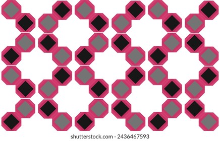 seamless pattern with shapes, pink gray black net, ring hexagon block on white background, design for fabric print or t-shirt paint screening, diamond pattern
