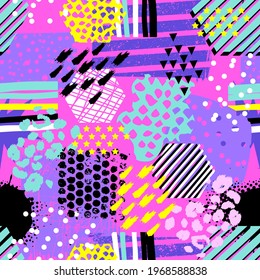 Seamless pattern with shapes, stripes, dots on background. Girlish vector pop wallpaper. Funny cartoon comic style of 80-90s 
