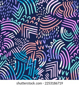 Seamless pattern with shapes, stripes, dots on background. Girlish vector pop wallpaper. Funny cartoon comic style of 80-90s 