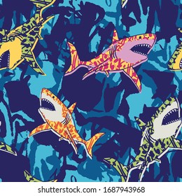 Seamless pattern of a shark and abstract background   elements . Vector illustration .