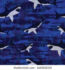 Seamless pattern of a shark and abstract camouflage background elements. Pattern for shorts and tshirt
