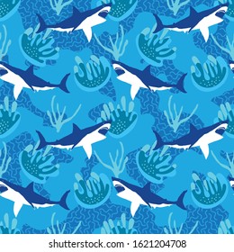 Seamless pattern of a shark and abstract ocean drawing background elements . Vector illustration .