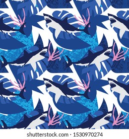 Seamless pattern of a shark with blue, navy and pink paper cut leaf background vector elements