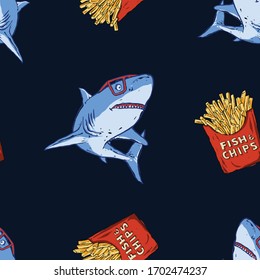 Seamless pattern of a Shark and chips background elements . Vector illustration.