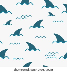 Seamless pattern with shark fin in ocean wave. Cute Marine pattern for fabric, baby clothes, background, textile,wrapping paper and other decoration.Vector illustration