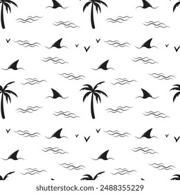 Seamless pattern with shark fins, palm trees and waves on a white background. For textile, paper, wallpaper, backgrounds