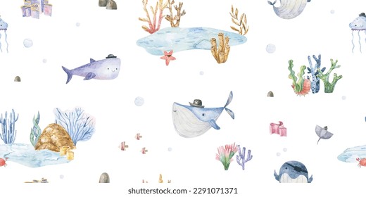 Seamless pattern with shark, fish and jellyfish. Cute baby print. Design for textiles, decor and paper. Watercolor seamless pattern with underwater world, fishes