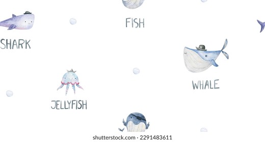 Seamless pattern with shark, fish and jellyfish. Cute baby print. Design for textiles, decor and paper. Watercolor seamless pattern with underwater world, fishes