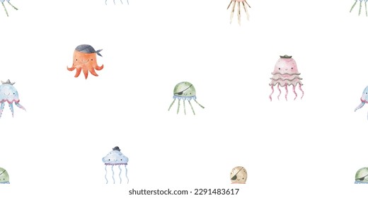 Seamless pattern with shark, fish and jellyfish. Cute baby print. Design for textiles, decor and paper. Watercolor seamless pattern with underwater world, fish