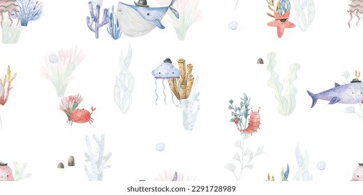 Seamless pattern with shark, fish and jellyfish. Cute baby print. Design for textiles, decor and paper. Watercolor seamless pattern with underwater world, fishes