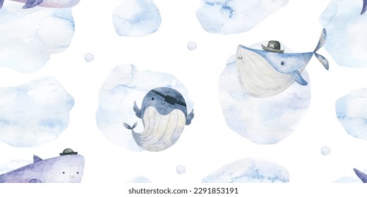 Seamless pattern with shark, fish and jellyfish. Cute baby print. Design for textiles, decor and paper. Watercolor seamless pattern with underwater world, fishes