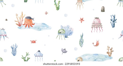 Seamless pattern with shark, fish and jellyfish. Cute baby print. Design for textiles, decor and paper. Watercolor seamless pattern with underwater world, fish, whale