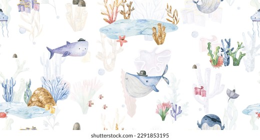 Seamless pattern with shark, fish and jellyfish. Cute baby print. Design for textiles, decor and paper. Watercolor seamless pattern with underwater world, fishes