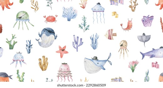 Seamless pattern with shark, fish and jellyfish. Cute baby print. Design for textiles, decor and paper. Watercolor seamless pattern with underwater world, fishes