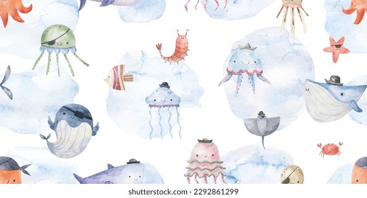 Seamless pattern with shark, fish and jellyfish. Cute baby print. Design for textiles, decor and paper. Watercolor seamless pattern with underwater world, fishes