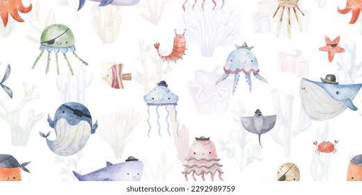 Seamless pattern with shark, fish and jellyfish. Cute baby print. Design for textiles, decor and paper. Watercolor seamless pattern with underwater world, fishes