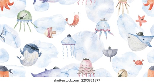 Seamless pattern with shark, fish and jellyfish. Cute baby print. Design for textiles, decor and paper. Watercolor seamless pattern with underwater world, fish, whale, shark, jellyfish, algae, seashel