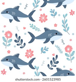 Seamless pattern of shark and flowers in a cute vintage style.