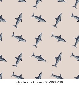 Seamless Pattern Shark Mako On Light Pink Background. Animal Templates For Fabric Design. Great For Textile Print, Wrapping, Cover. Vector Illustration.