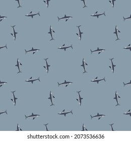 Seamless pattern shark Mako on pastel blue background. Animal templates for fabric design. Great for textile print, wrapping, cover. Vector illustration.