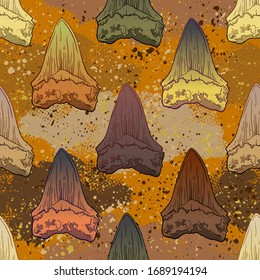 seamless pattern with Shark megalodon tooth. Sea Life Hand Drawn line and colour Illustration. Isolated on white backgroung. Archeological discovery, paleontology symbol.