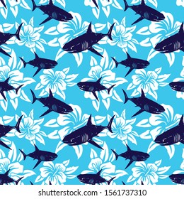 Seamless pattern  shark and navy   tropical flowers background elements vector
