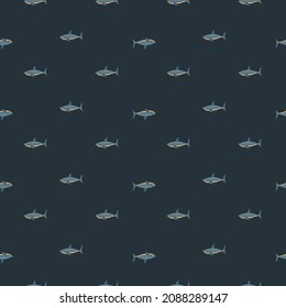 Seamless pattern shark on black background. Texture of marine fish for any purpose. Geometric template for textile fabric design. Simple vector ornament.