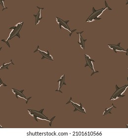 Seamless pattern shark on brown background. Texture of marine fish for any purpose. Random template for textile fabric design. Simple vector ornament.