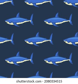 Seamless pattern shark on dark blue background. Texture of marine fish for any purpose. Geometric template for textile fabric design. Simple vector ornament.