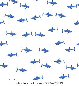 Seamless pattern shark on isolated white background. Texture of marine fish for any purpose. Random template for textile fabric design. Simple vector ornament.