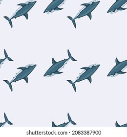 Seamless pattern shark on light background. Texture blue of marine fish for any purpose. Geometric template for textile fabric design. Simple vector ornament.