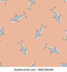 Seamless pattern shark on pink background. Texture of gray marine fish for any purpose. Random template for textile fabric design. Simple vector ornament.