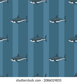 Seamless pattern shark on striped teal background. Texture of marine fish for any purpose. Geometric template for textile fabric design. Simple vector ornament.