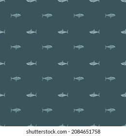Seamless pattern shark on teal background. Small texture of marine fish for any purpose. Geometric template for textile fabric design. Simple vector ornament.