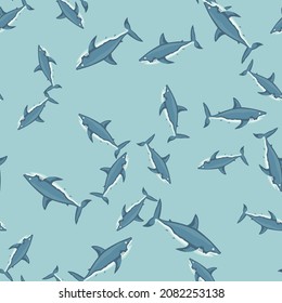 Tiburón patrón sin foco sobre fondo turquesa. Textura de peces marinos para cualquier propósito. Plantilla aleatoria para el diseño de tela textil. Ornamento vectorial simple.