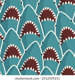 Seamless pattern of shark open mouth with sharp teeth. Background of face predatory fish. Marine vector flat design for print